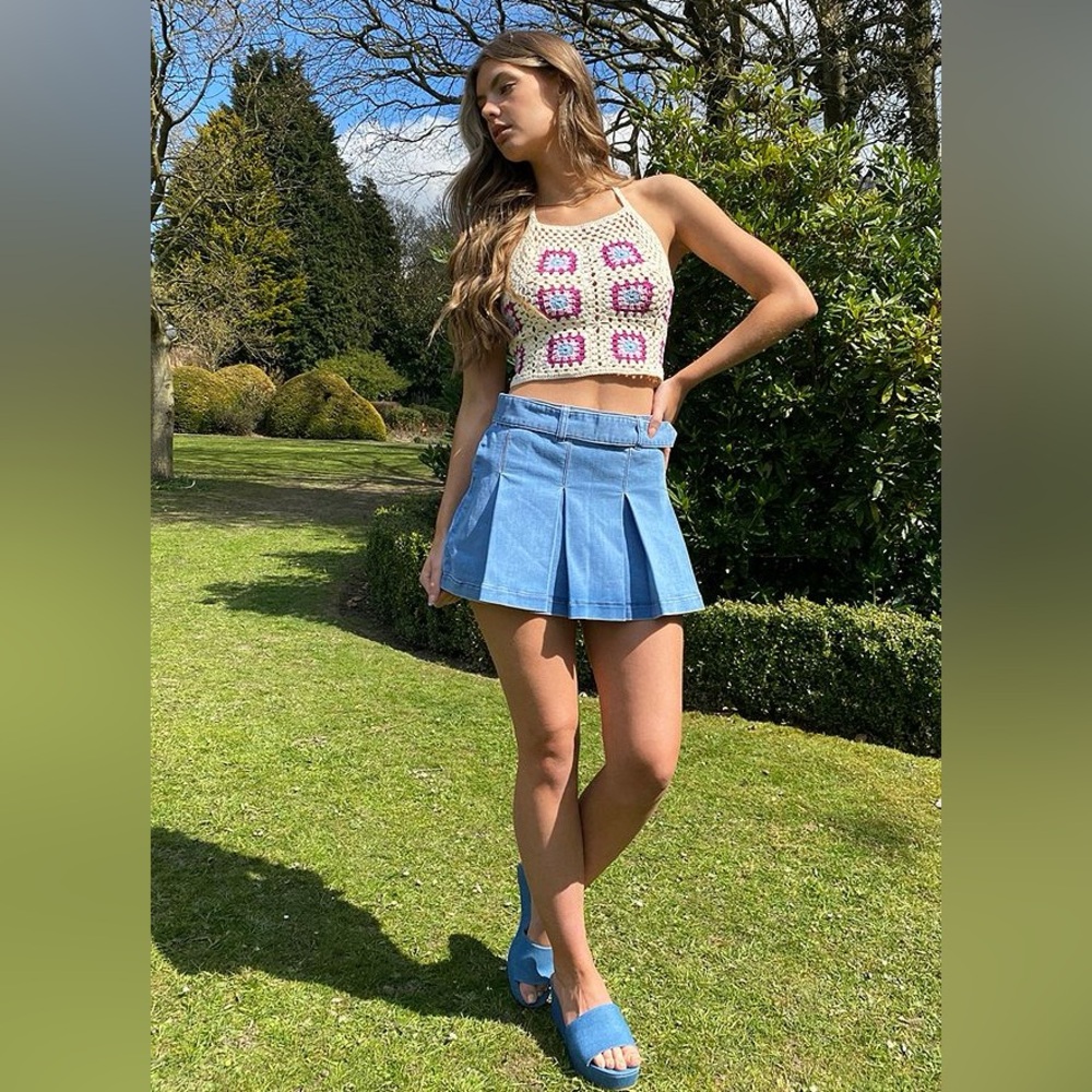 Miss Sixty Light Blue Denim Skirt with Brown Stitching